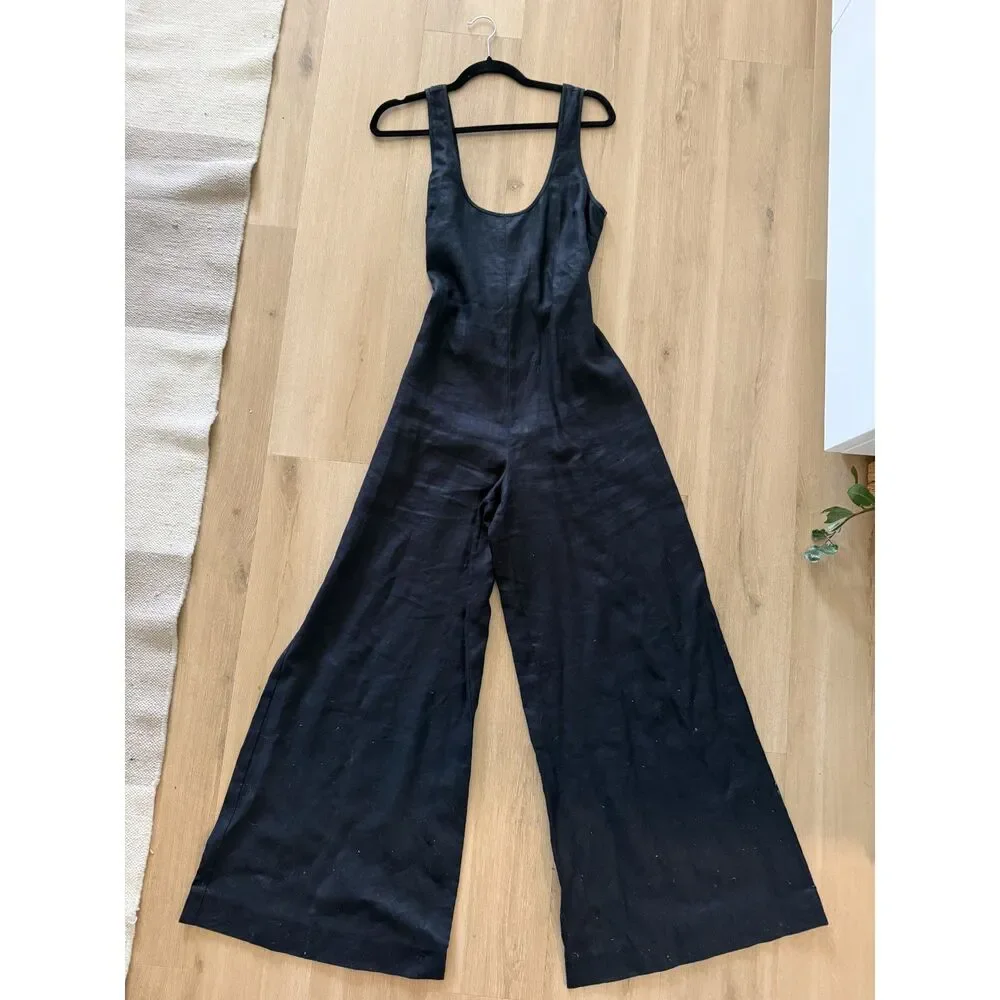 Reformation Nell Linen Jumpsuit Black Size S NWT Wide Leg Scoop Neck